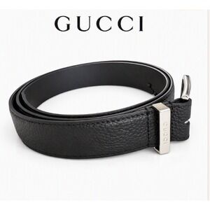 Gucci 793760 Men's Black Pebbled Leather Belt Silver Buckle Size 100cm